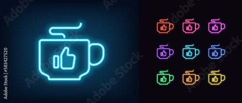 Outline neon coffee cup icon set. Glowing neon mug with Like sign, coffee break. Favorite tea, best coffee with thumb up, hot drink cup with aroma, cappuccino, espresso, latte flavor.