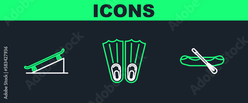 Set line Rafting boat, Skateboard on street ramp and Rubber flippers for swimming icon. Vector