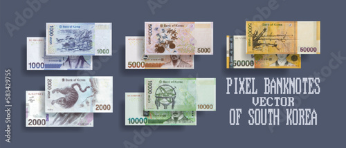 Vector set of pixelated mosaic paper banknotes of South Korea. Obverse and reverse of bills in denominations from 1000 to 50000 won. photo