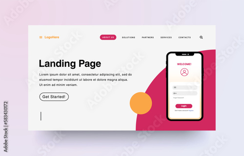 Landing page template. Creative horizontal website screen part for responsive web design project development. Smartphone realistic 3d illustration, mobile interface concept. Vector layout design. 