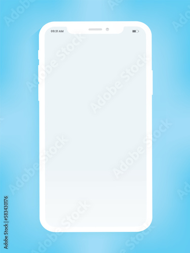Smartphone mockup with blank screen, template for app development and UX/UI design. Mobile phone with soft white color. Realistic smart phone with blank white screen isolated on blue background.