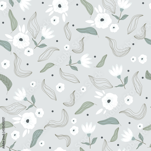 Garden flower  plant  botanical  seamless vector design for fashion  fabric  wallpaper and all prints on gray background. Cute pattern in a small flower. Small white flowers.