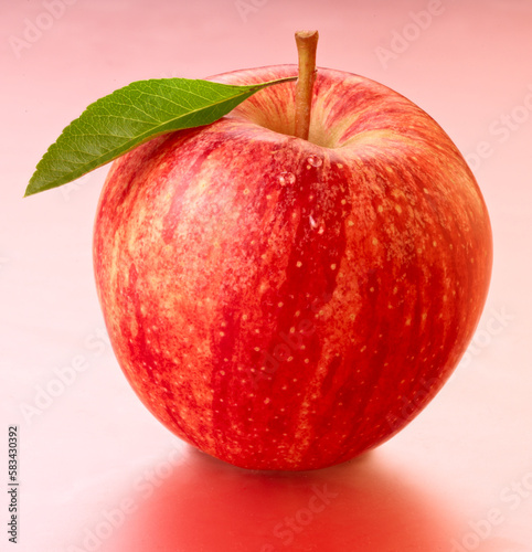 Apfel Royal Gala mit Blatt auf rosanem Fond