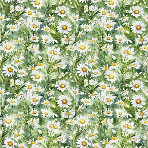 Seamless pattern of watercolor chamomile with leaves. Flower background. Perfect for wallpaper, textiles, and web backgrounds, package design. Good quality for repeating design. Generative AI.