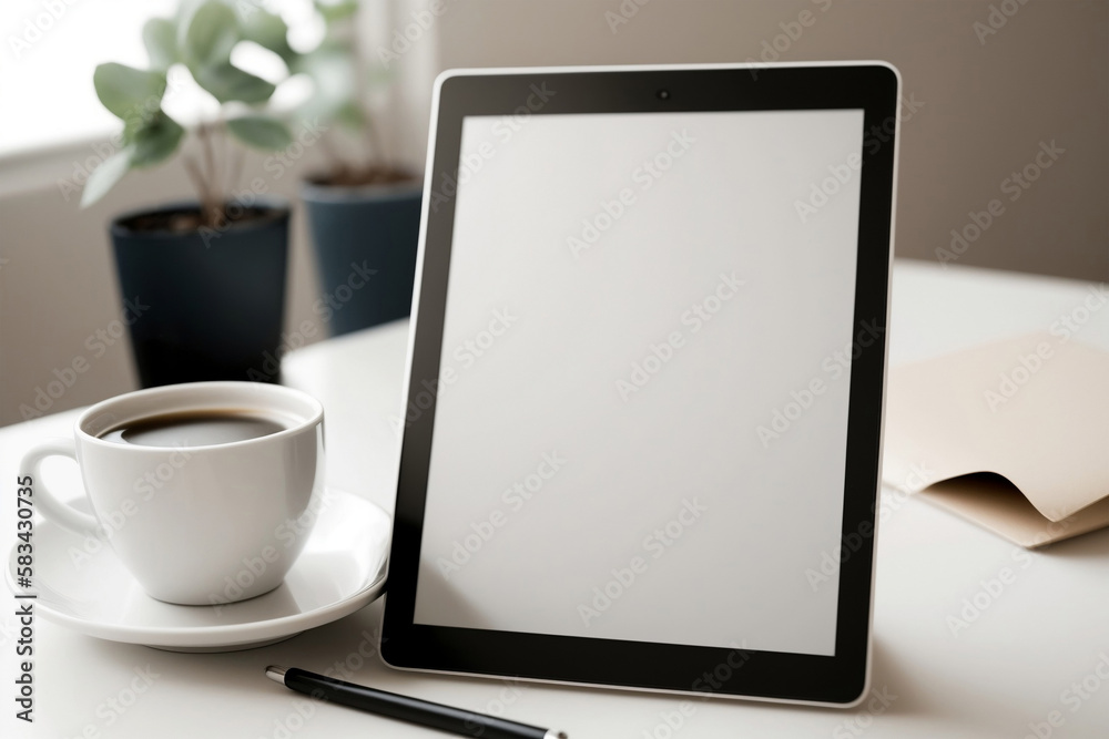 tablet mockup with coffee on the table, generative ai tablet mockup with coffee on the table, generative ai