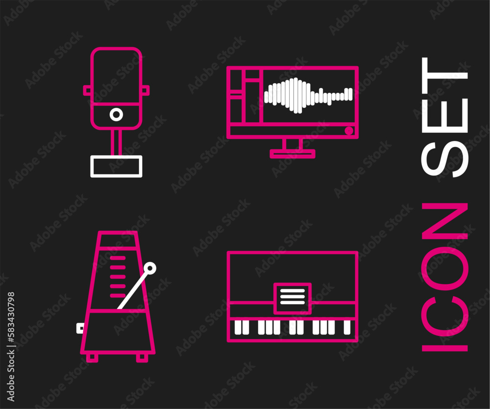 Set line Piano, Metronome with pendulum in motion, Sound or audio recorder monitor and Microphone icon. Vector Set line Piano, Metronome with pendulum in motion, Sound or audio recorder monitor and Microphone icon. Vector