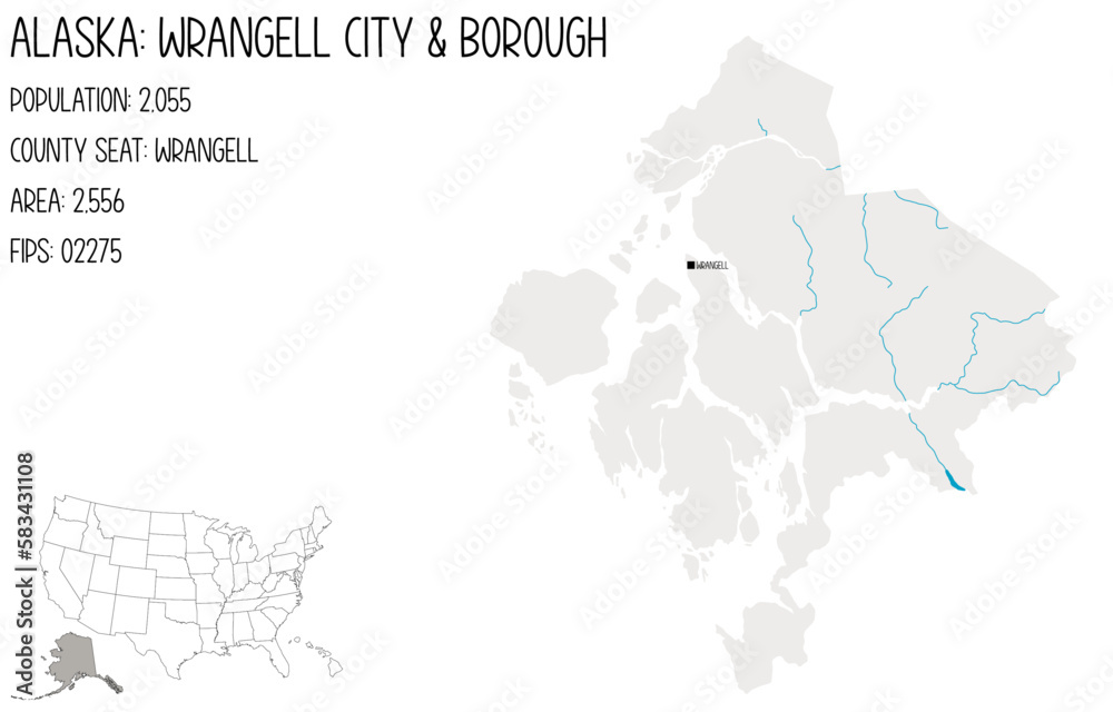 Large and detailed map of Wrangell City and Borough in Alaska, USA.