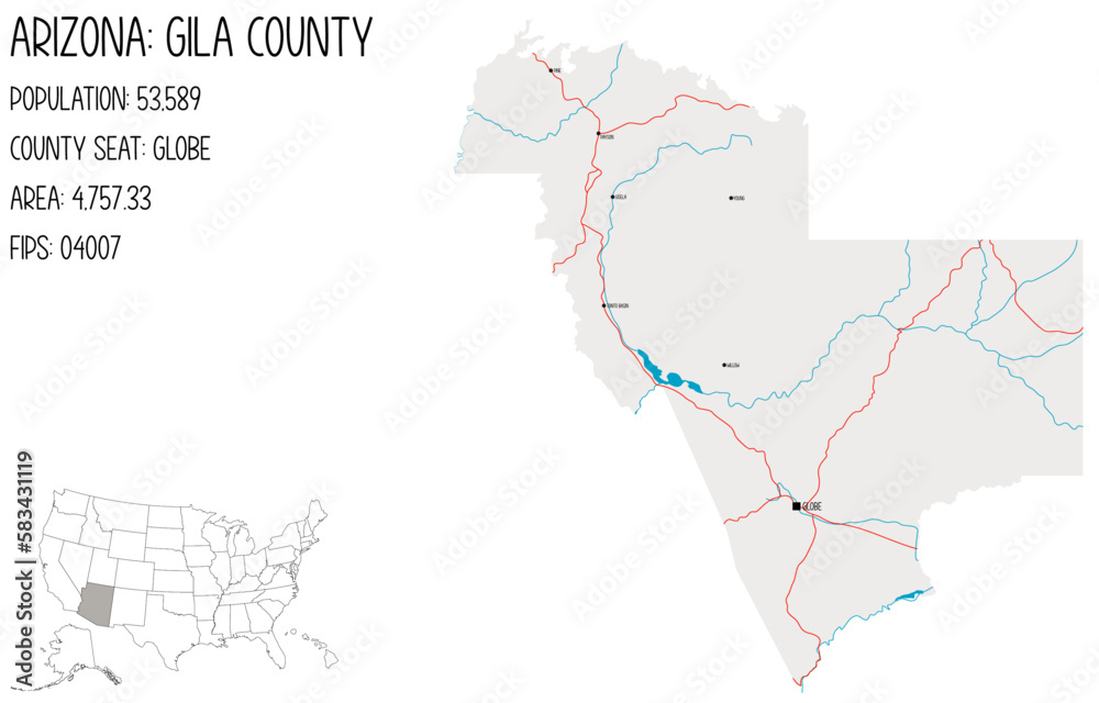 Large and detailed map of Gila county in Arizona, USA.