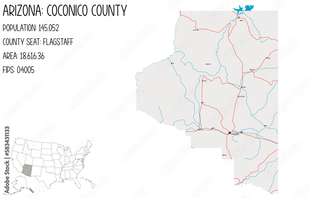 Large and detailed map of Coconico County in Arizona, USA.