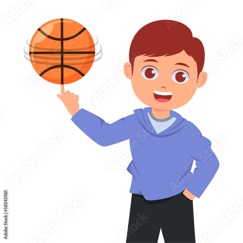 cute boy spinning ball on fingertips, happy face