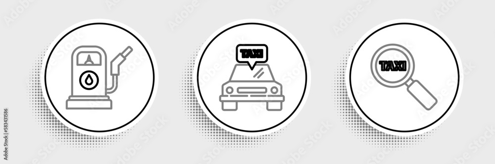 Set line Magnifying glass and taxi car, Petrol or Gas station and Taxi icon. Vector