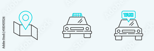Set line Taxi car, Folded map with location marker and icon. Vector