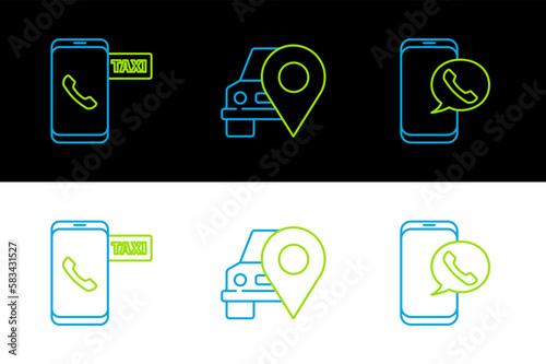 Set line Taxi call telephone service, and Map pointer with taxi icon. Vector