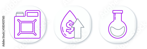 Set line Test tube and flask, Canister for gasoline and Oil price increase icon. Vector