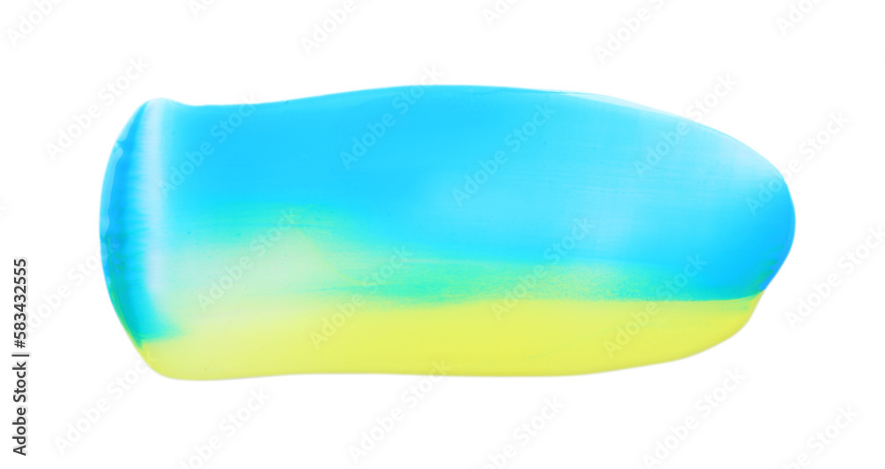 Light blue and yellow paint samples on white background, top view Light blue and yellow paint samples on white background, top view