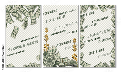Set of templates for social media story with 100 US dollars banknotes. Stories layouts include place for photo, copy space