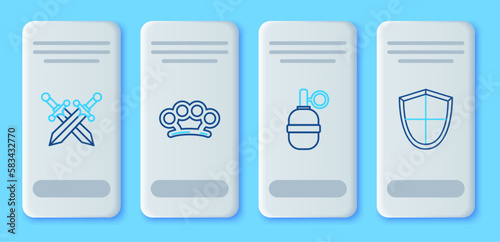 Set line Brass knuckles, Hand grenade, Crossed medieval sword and Shield icon. Vector