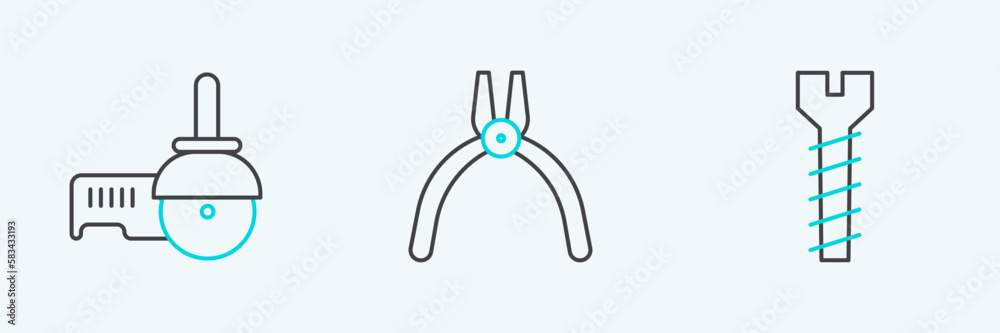 Set line Metallic screw, Angle grinder and Pliers tool icon. Vector Set line Metallic screw, Angle grinder and Pliers tool icon. Vector