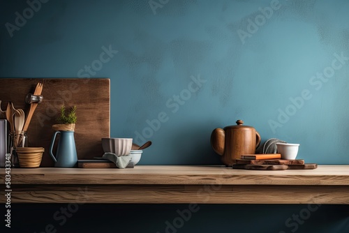 Empty interior design concept, close up of a wooden desk, table, or shelf. template mock up concept idea with blue backdrop and copy space. Generative AI