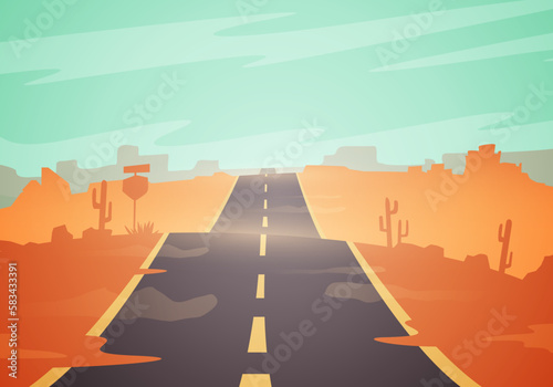 Vector Illustration Highway Or Street Trough Desert Landscape