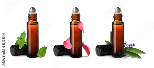 Set of different essential oils in bottles and ingredients on white background