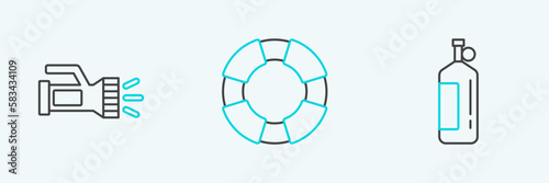 Set line Aqualung, Flashlight and Lifebuoy icon. Vector