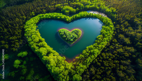 Lake in the forest in the shape of a heart. Generative AI