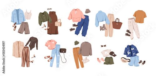 Outfits set in casual style. Women fashion apparels, modern garments looks with accessories. Trendy female wearing for spring and summer. Flat graphic vector illustrations isolated on white background