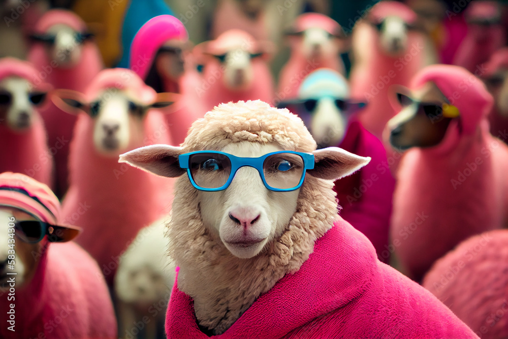 Εκτύπωση καμβά Sheep in fashionable clothes against the background of a gray crowd