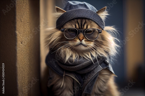 Siberian fashionable Hipster cat portrait.