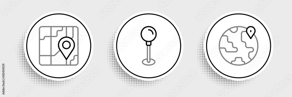 Set line Location on the globe, City map navigation and Push pin icon. Vector Set line Location on the globe, City map navigation and Push pin icon. Vector