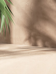 Modern empty brown concrete counter table top, green palm tree in sunlight, leaf shadow on stucco texture wall for luxury organic cosmetic, skincare, beauty treatment product display background 3D
