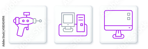 Set line Computer monitor screen, Ray gun and Monitor with keyboard icon. Vector