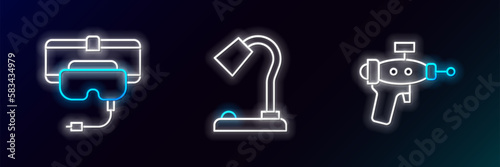 Set line Ray gun, Virtual reality glasses and Table lamp icon. Glowing neon. Vector