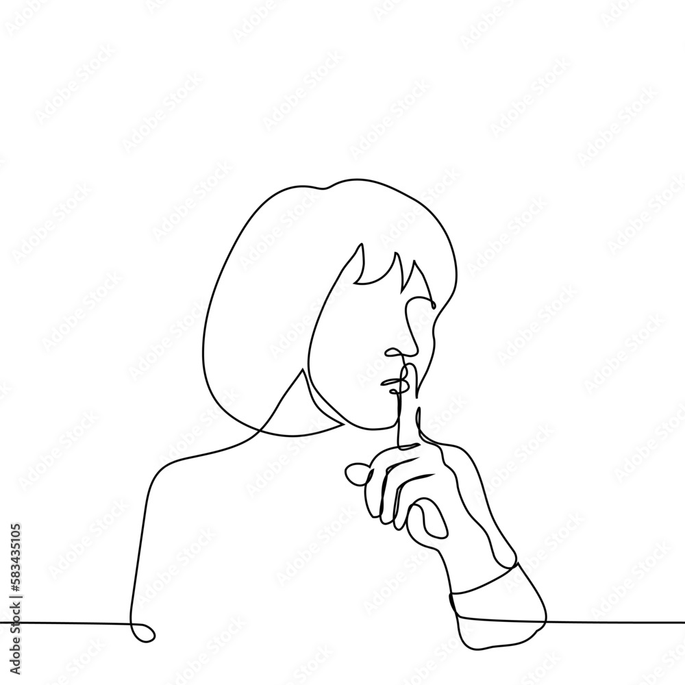 Woman With A Bob Haircut Put Her Index Finger To Her Closed Mouth One woman-with-a-bob-haircut-put-her-index-finger-to-her-closed-mouth-one
