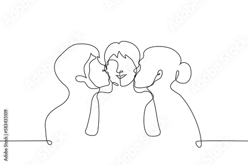 woman and man kiss child on cheeks, child is happy - one line drawing vector. concept parental love
