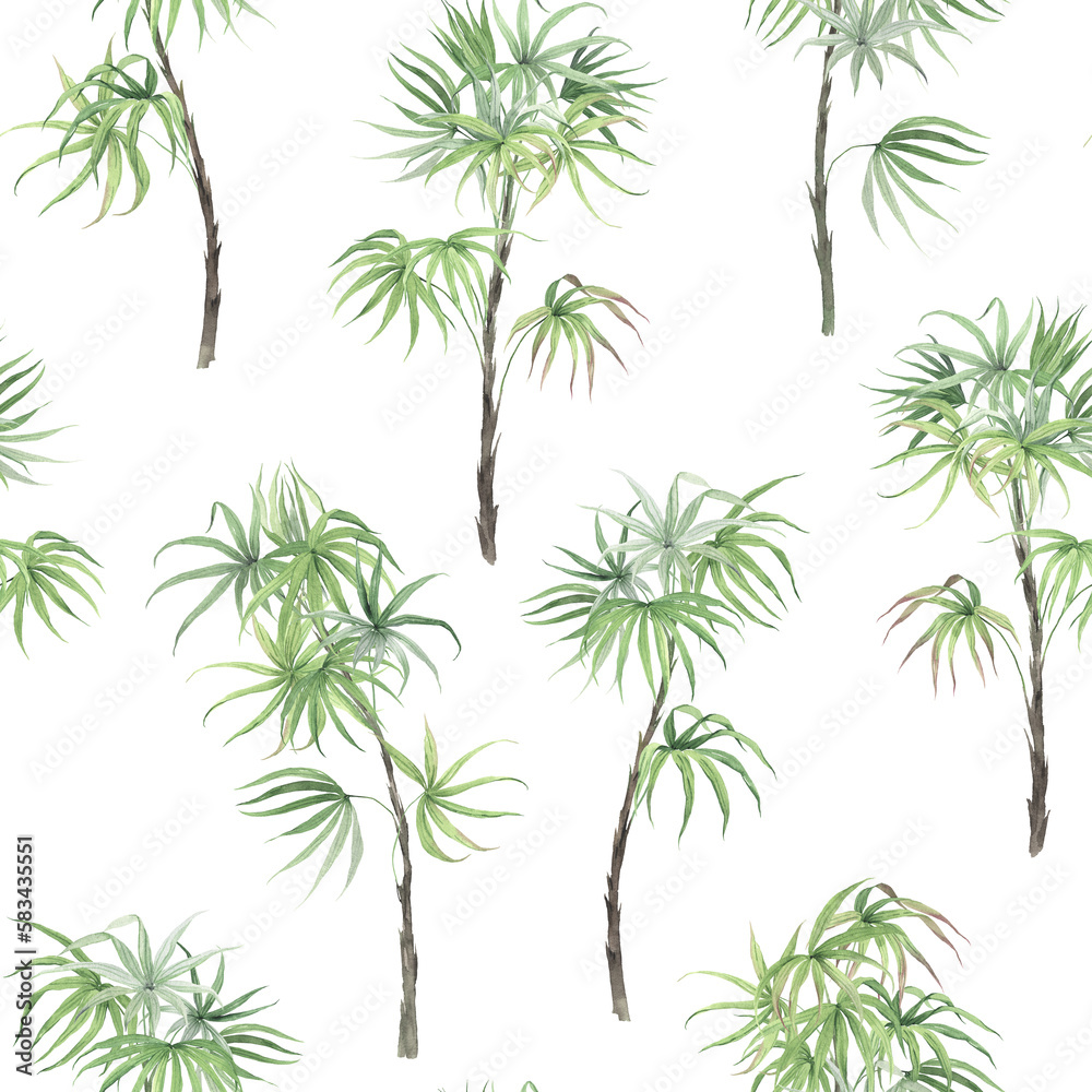 Floral seamless pattern with palms, isolated watercolor illustration for textile, background, wallpapers or tropical print.