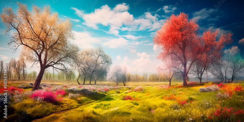 Vibrant and colorful spring landscape for a poster Generative AI