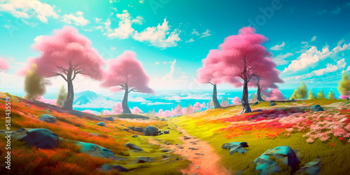 Vibrant and colorful spring landscape for a poster Generative AI