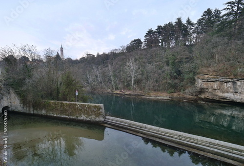 Adda view behind hydroelectric power plant Taccani, Trezzo, Milan, Italy.