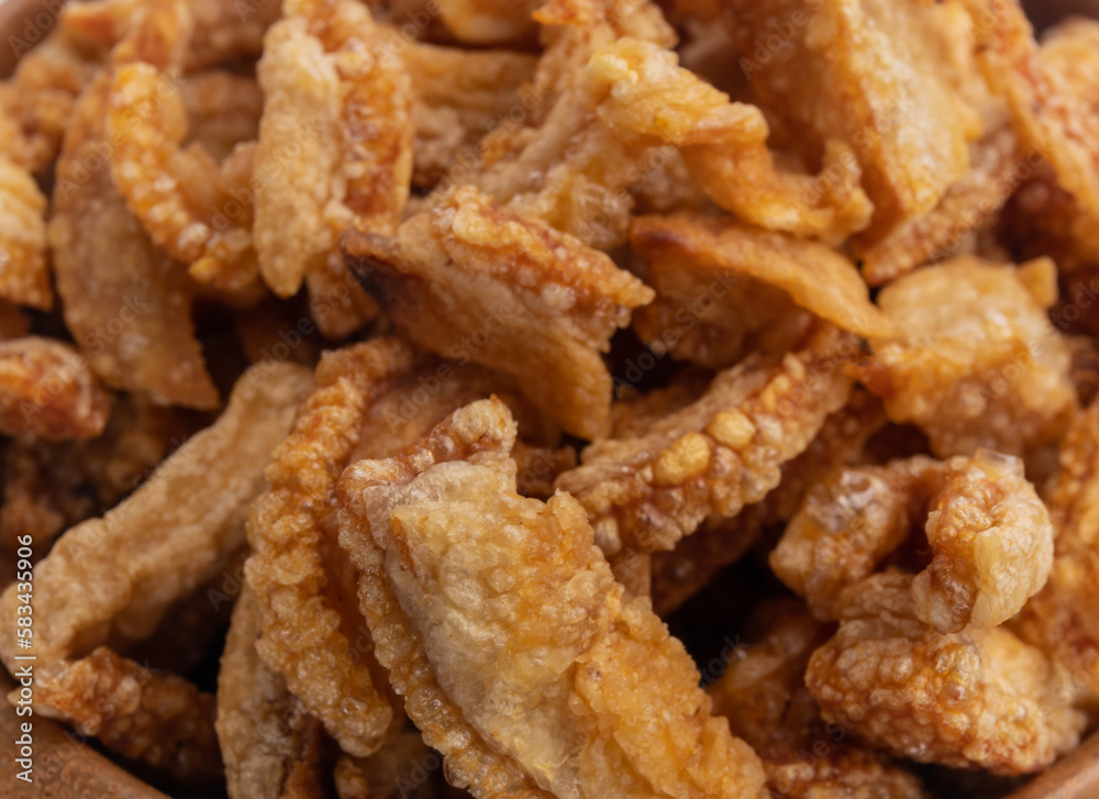 Crispy Pork Belly Chicharron (torresmo) is a popular dish in Spain and Latin America. Bowl of Fried Pork Skins close-up. selective focus Crispy Pork Belly Chicharron (torresmo) is a popular dish in Spain and Latin America. Bowl of Fried Pork Skins close-up. selective focus