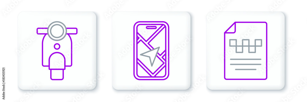 Set line Taxi driver license, Scooter and City map navigation icon. Vector Set line Taxi driver license, Scooter and City map navigation icon. Vector