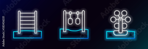 Set line Ferris wheel, Swedish wall and Gymnastic rings icon. Glowing neon. Vector