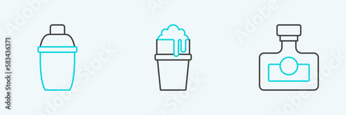 Set line Alcohol drink Rum, Cocktail shaker and Glass of beer icon. Vector