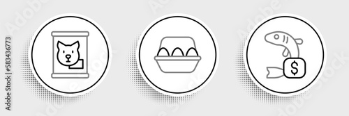 Set line Price tag for fish, Canned food and Chicken egg in box icon. Vector