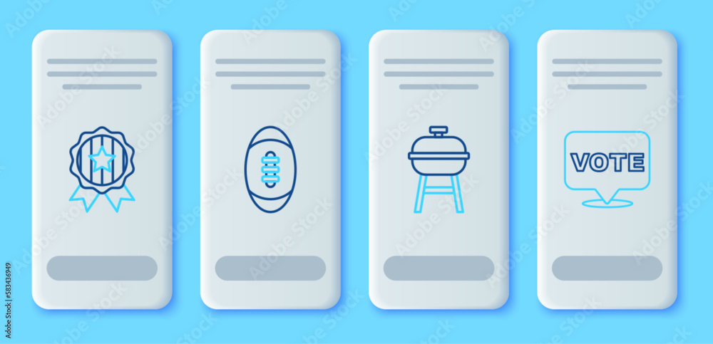 Set line American Football ball, Barbecue grill, Medal with star and Vote icon. Vector Set line American Football ball, Barbecue grill, Medal with star and Vote icon. Vector