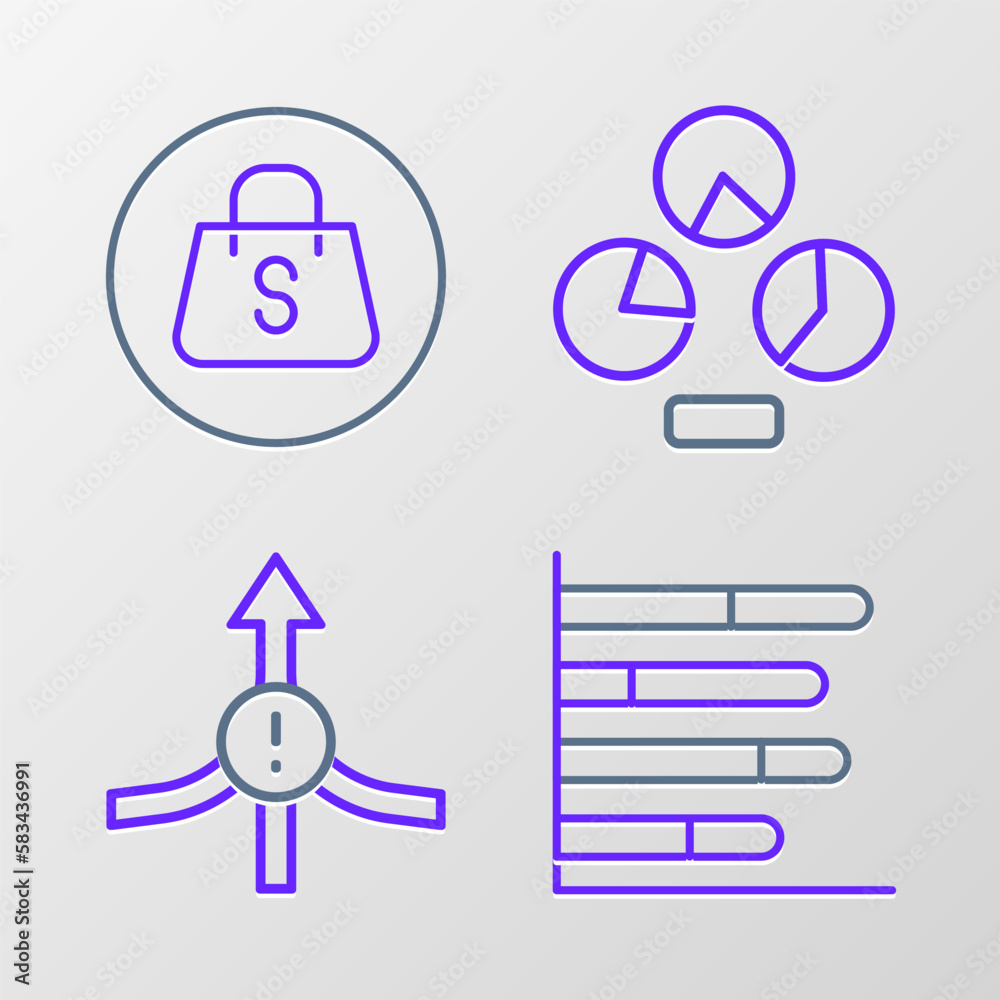 Set line Pie chart infographic, Arrow, and Shopping bag with Sale icon. Vector Set line Pie chart infographic, Arrow, and Shopping bag with Sale icon. Vector