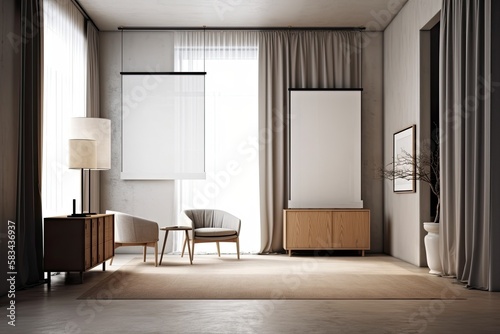 Two white banners are displayed on the wall of the living room  which also features a sideboard  a lamp  an armchair  and dark brown drapes in the corner. sweeping perspective floor made of concrete
