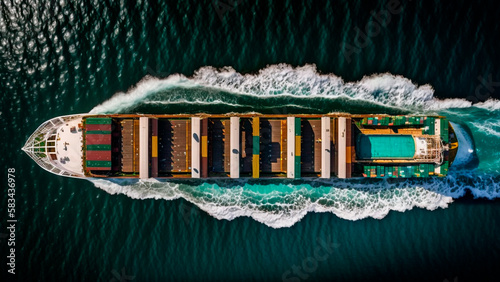 Breathtaking Aerial View of a Cargo Ship at Sea - Global Trade and Logistics, Perfect for Business and Maritime Themes. photo