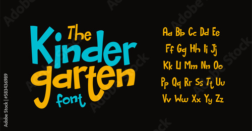 Childish alphabet, playful letters, funky cartoon font for toy logo, birthday headline, Mexican festival title, fiesta text, Kindergarten typography for education and fun designs. Vector typeset